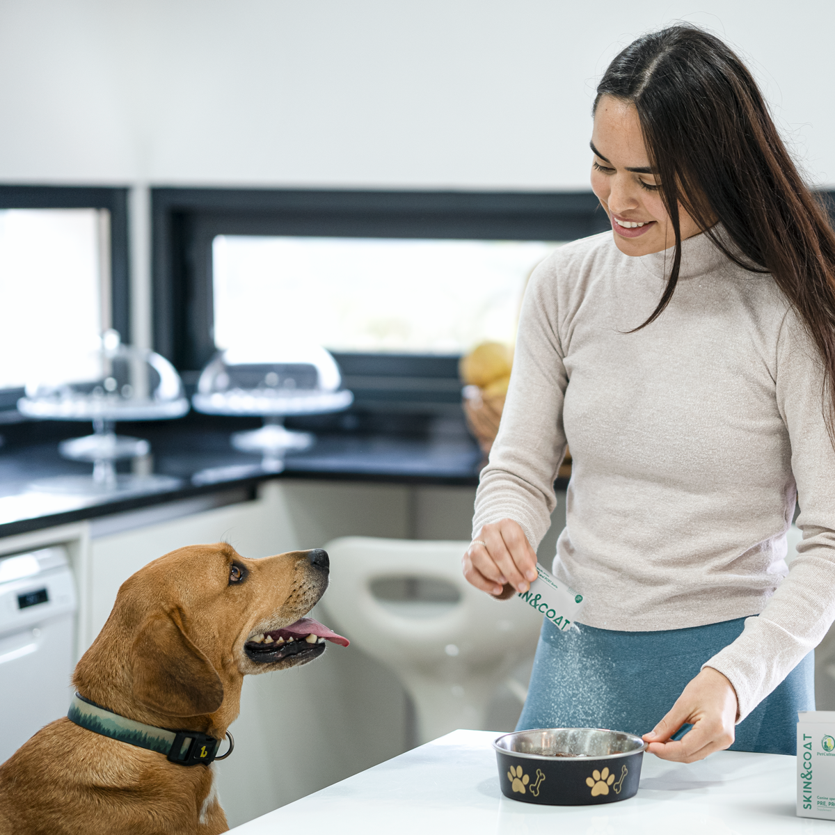 Woman giving calming treat to a seated beagle in a living room setting.