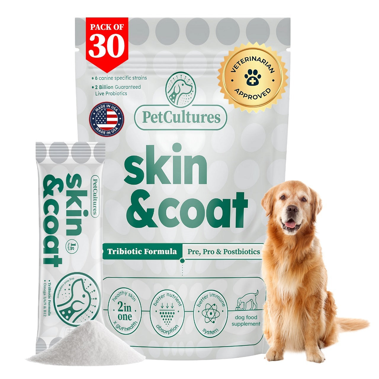Healthy, radiant coat while reducing itchiness with probiotics and essential fatty acids