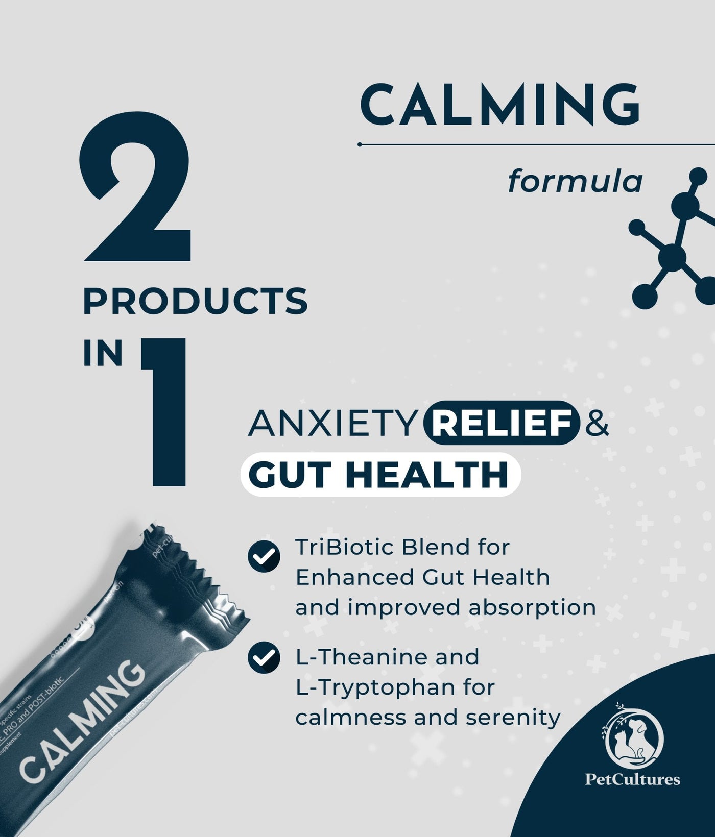Promotional image for calming formula with anxiety relief and gut health benefits.
