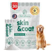 Formula Avanzada para Piel y Pelaje | Absorcion superior de Aceite de Salmon y Omega - 3, 6, and 9 - PetCultures Canine Dog Probiotics Prebiotics Postbiotics Supplement For Gut Health Box Front