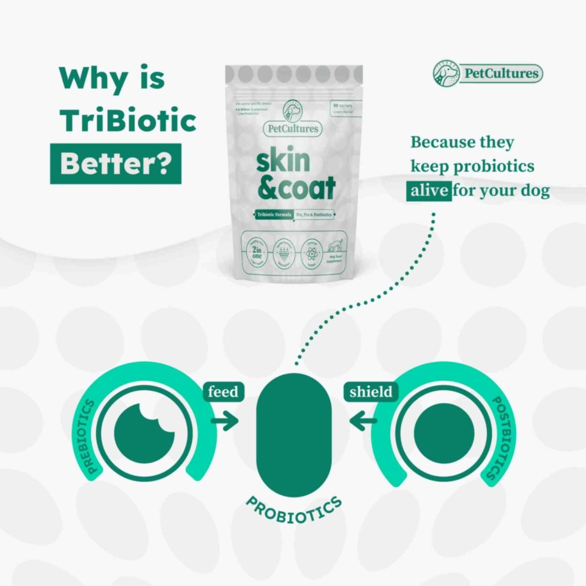 Healthy, radiant coat while reducing itchiness with probiotics and essential fatty acids -
