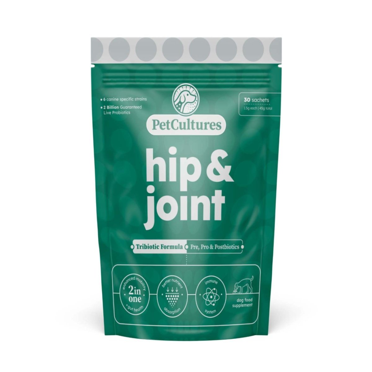 Hip & Joint Formula with Glucosamine and Probiotics | Pro Formula - PetCultures Canine Dog Probiotics Prebiotics Postbiotics Supplement For Gut Health Box Front