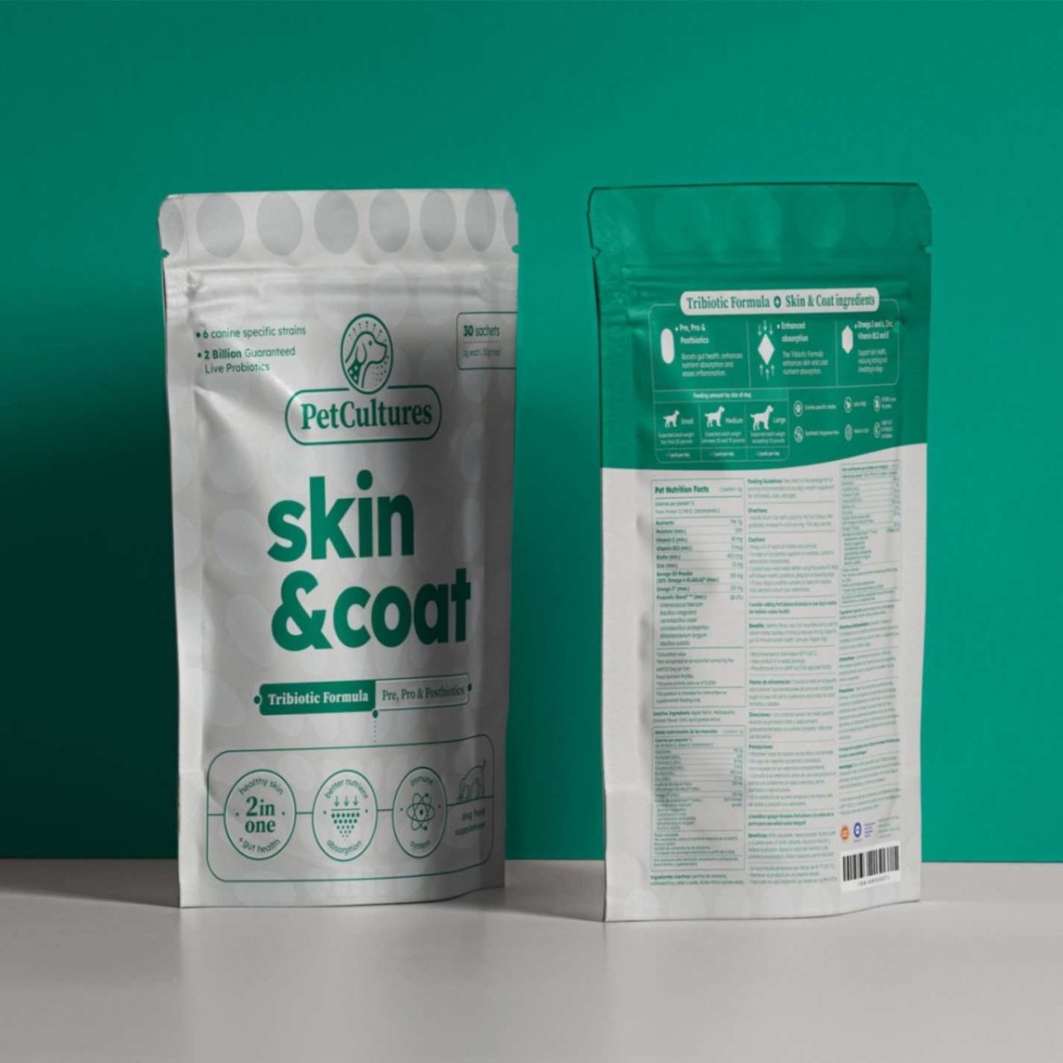 Pet supplement packaging for skin and coat care, featuring probiotic formula.
