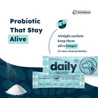 Convenient single-serving sachet of PetCultures daily dog probiotic powder for freshness.