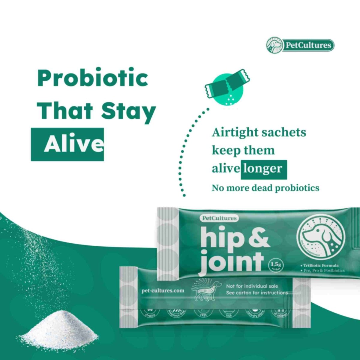 Easy-to-use powder sachet of PetCultures' hip and joint supplement for dogs.