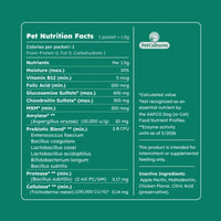 Supplement facts panel for PetCultures Hip & Joint formula with complete ingredient list.